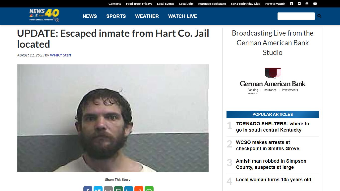 UPDATE: Escaped inmate from Hart Co. Jail located - WNKY News 40 Television